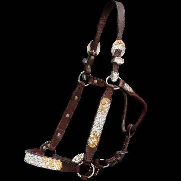 Unmatched quality meets timeless elegance in our Atherton Show Halter. Featuring solid bead edge, jeweler's bronze scrolls, and hand-engraved designs. Elevate your horse's show presence with the finest silver work available!